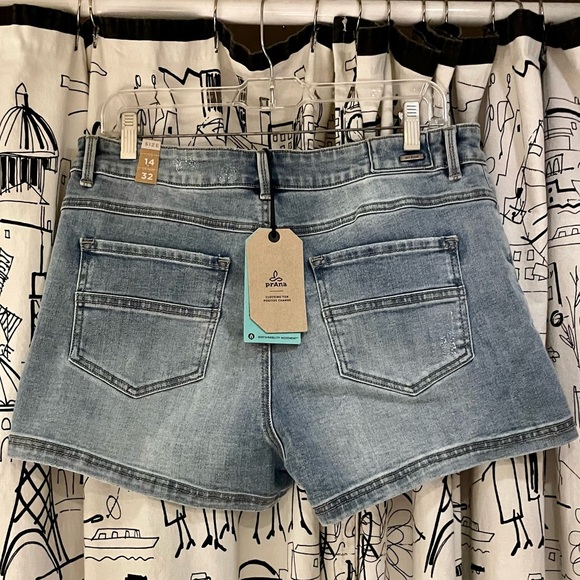NEW prAna Gram Denim Organic Cotton Jean Short Button Fly Vintage Style Sz 14 32 - Picture 15 of 16